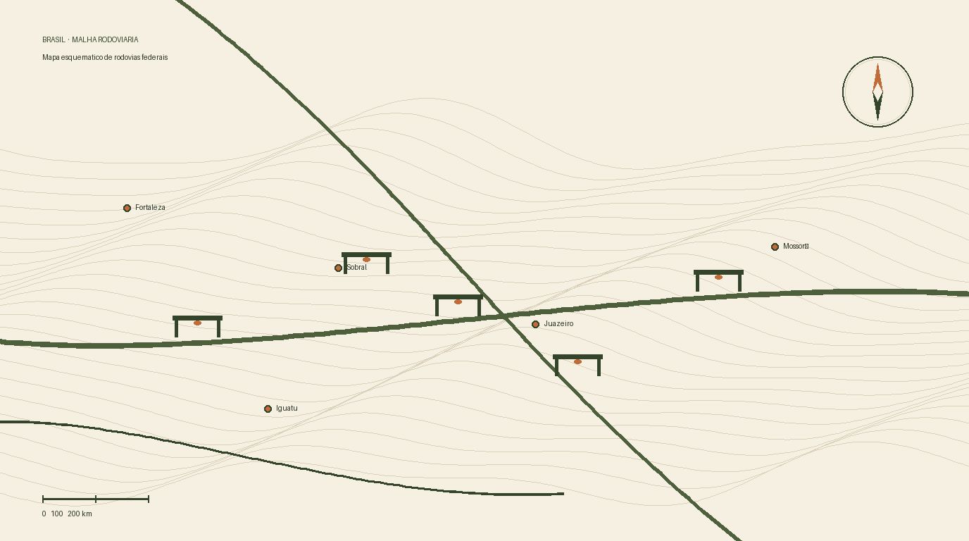 Mapa esquemático mostrando rodovias federais brasileiras, pórticos de cobrança eletrônica e cidades nordestinas como Fortaleza, Sobral, Juazeiro e Mossoró.
